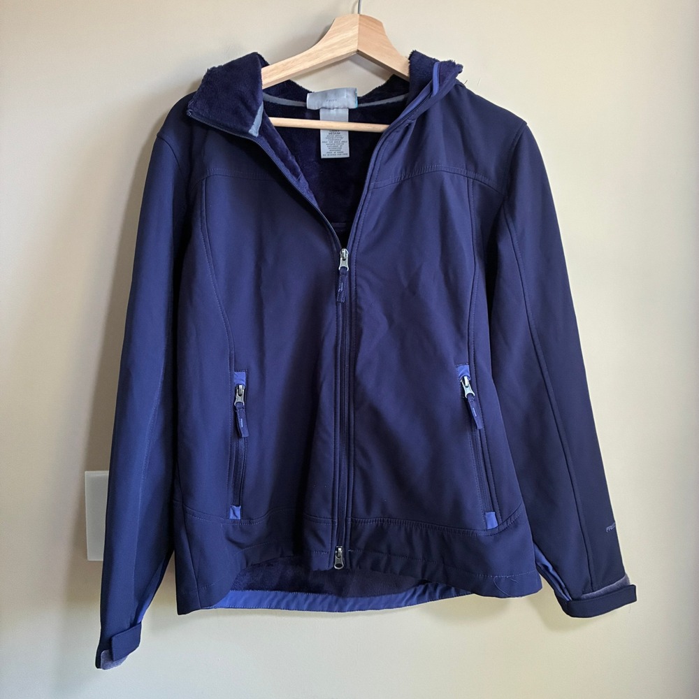 Free Country Softshell Jacket Medium Navy Blue Womens Faux Fur Lined Hooded